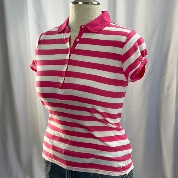 Tommy Hilfiger Tops - NWOT Tommy Hilfiger cap sleeve pink white striped polo shirt medium